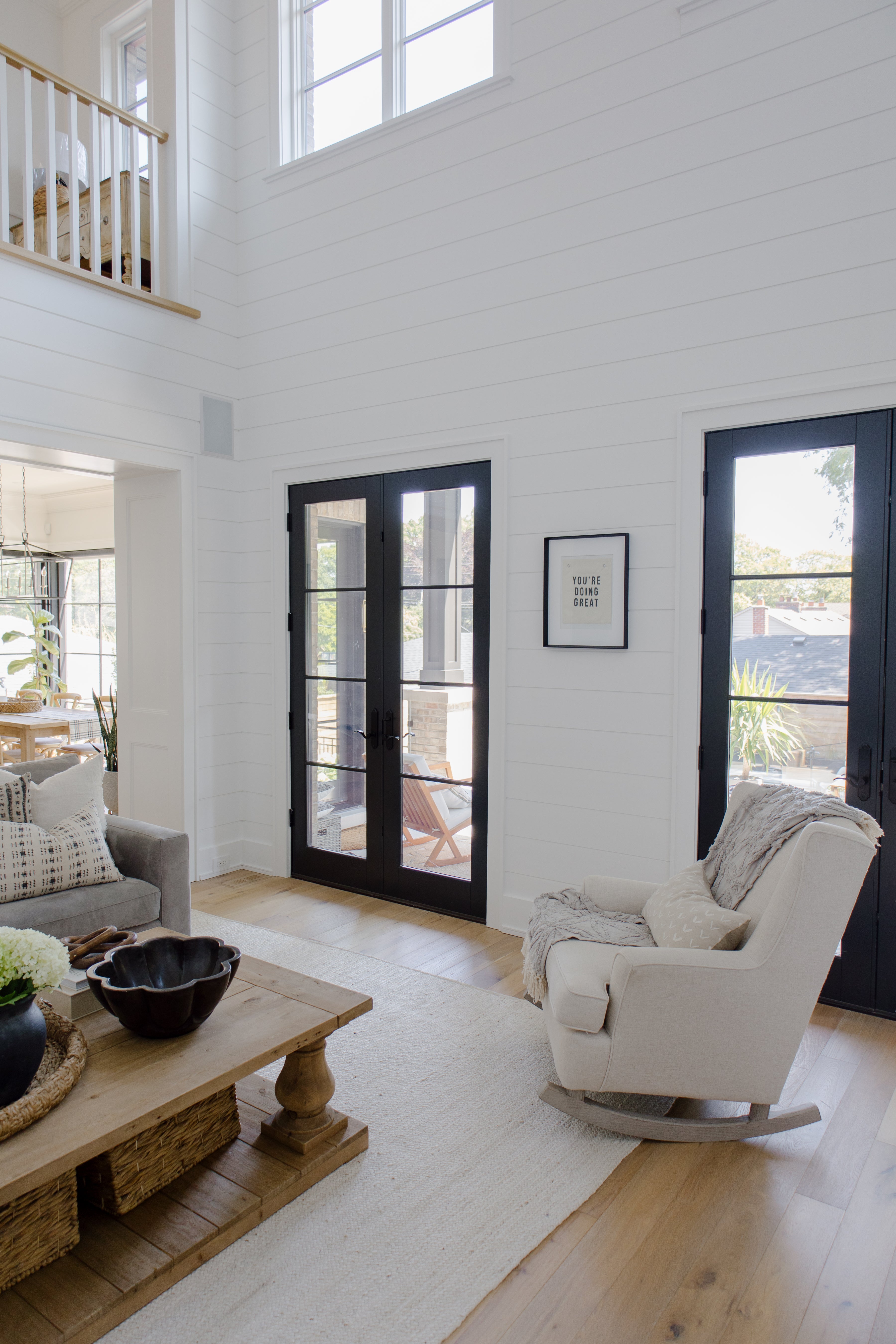 Family room with black French doors