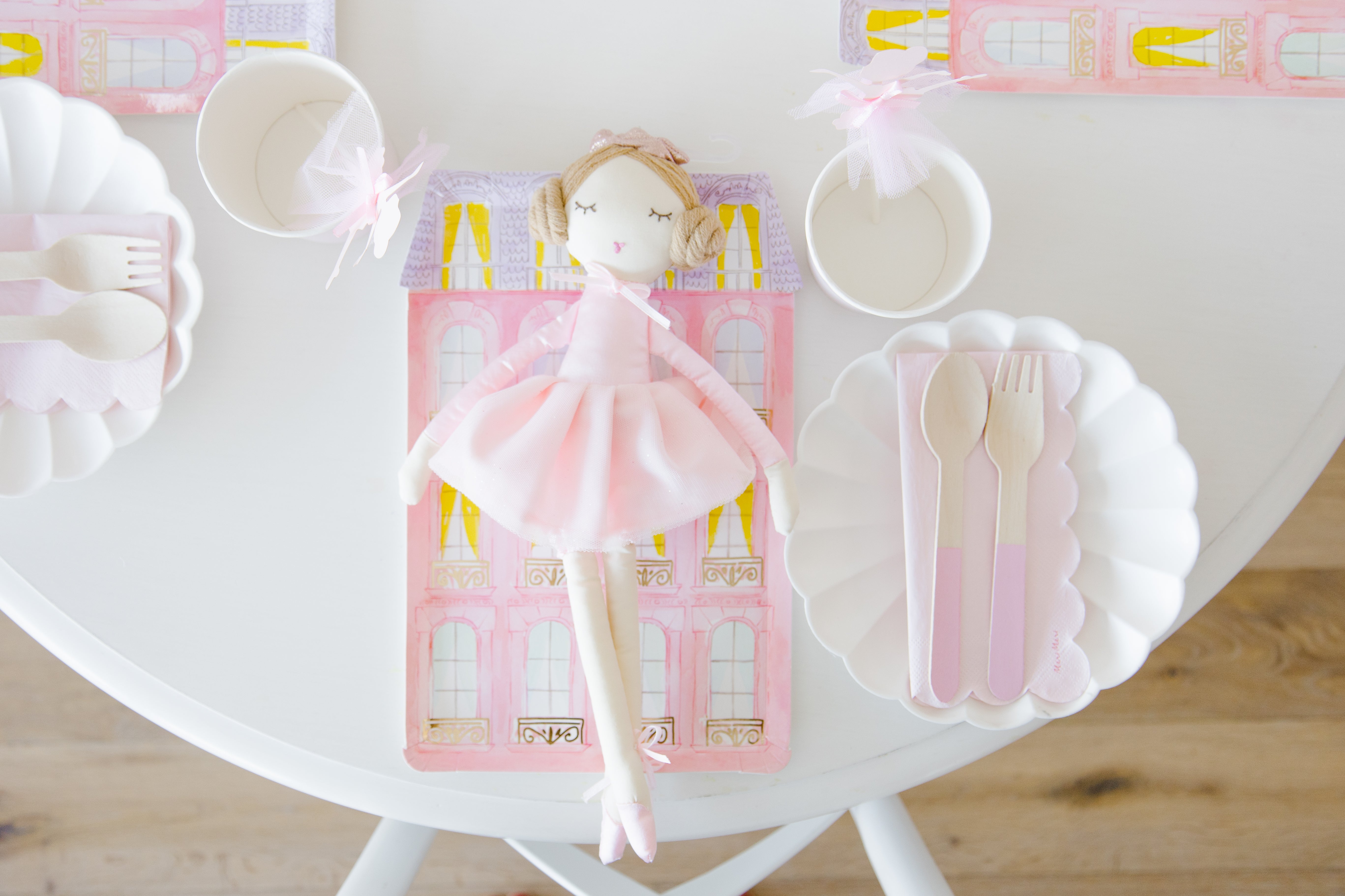 birthday table setting with hand crafted ballerina doll