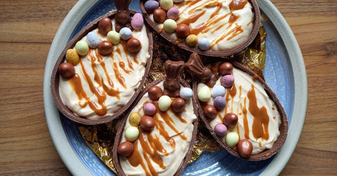Easter egg caramel cheesecakes with mini egg decoration, ready to eat