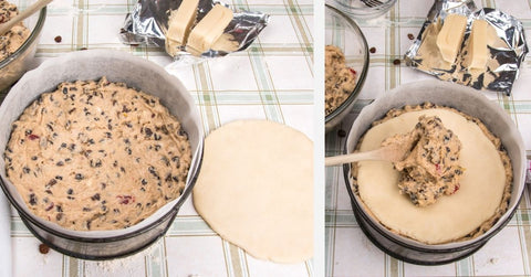 Stages of layering the cake batter and rolled out marzipan