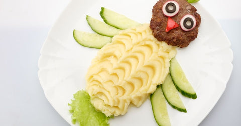 Potato, cucumber and beef burger shaped owl