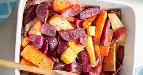 Bright, colourful and earthy carrots and beetroot ready for roasting