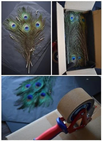 Vorbereitung und Versand eines Pakets von Natur Federn