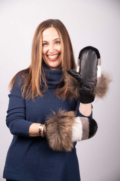 Black/Blue Iris/White Mink Mittens with Natural Asiatic Raccoon