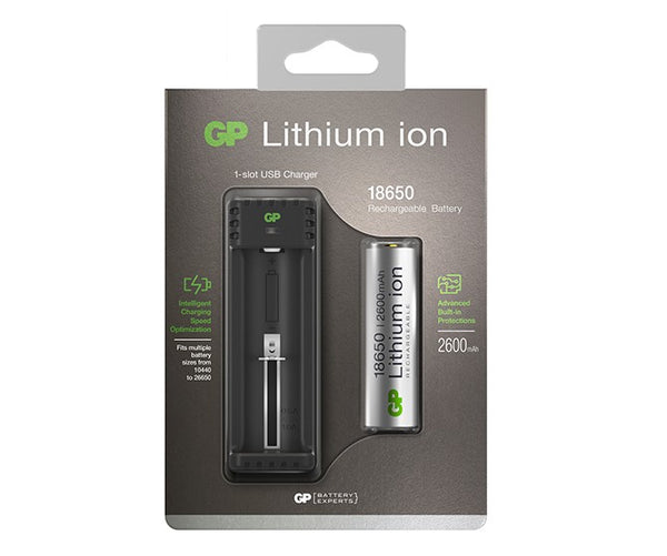 L111 Li-ion Rechargeable Battery 1-slot USB Charger (w/ 1â€™s 18650 26 | GP  Batteries International
