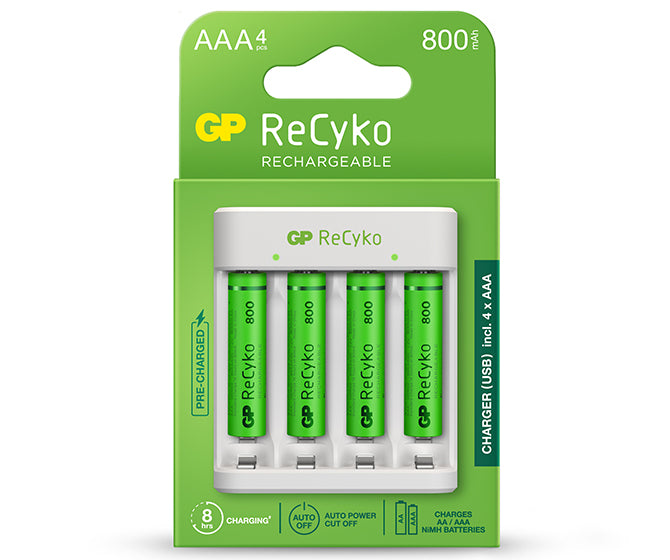 zuiger Doe alles met mijn kracht gek GP ReCyko 4-Slot E411 USB Charger (w/ 4's 800mAh AAA Batteries) | GP  Batteries International