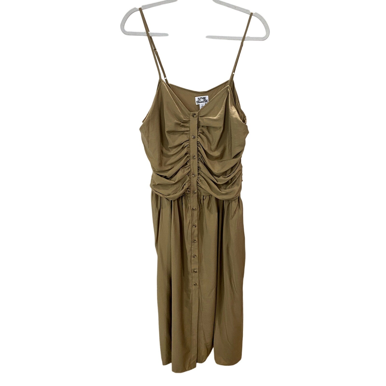 Future Collective Khaki Ruched Midi Dress - Size Large (NWOT)