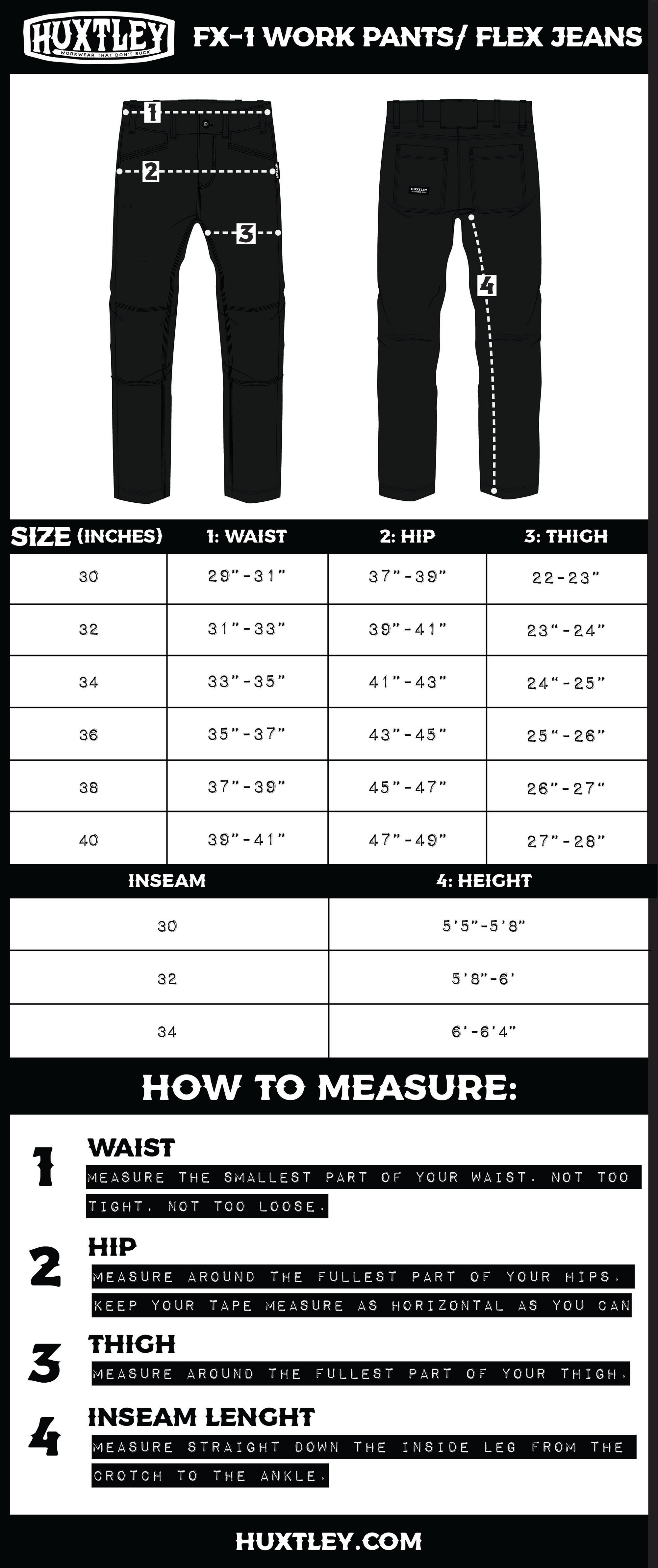 FX-1 WORK PANTS FLEX JEANS SIZING GUIDE SIZE CHART