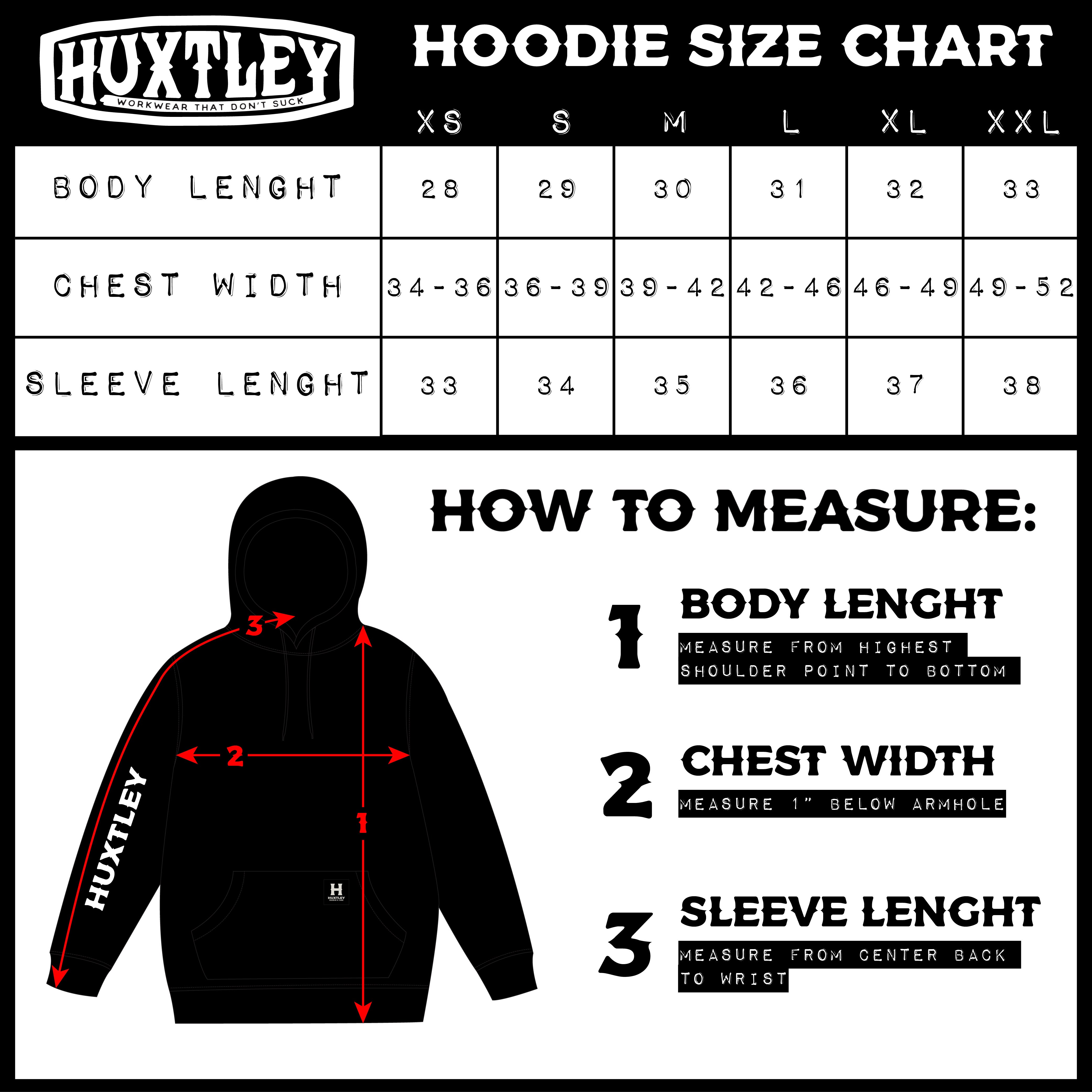 Huxtley Workwear Company hoodie size chart sizing guide