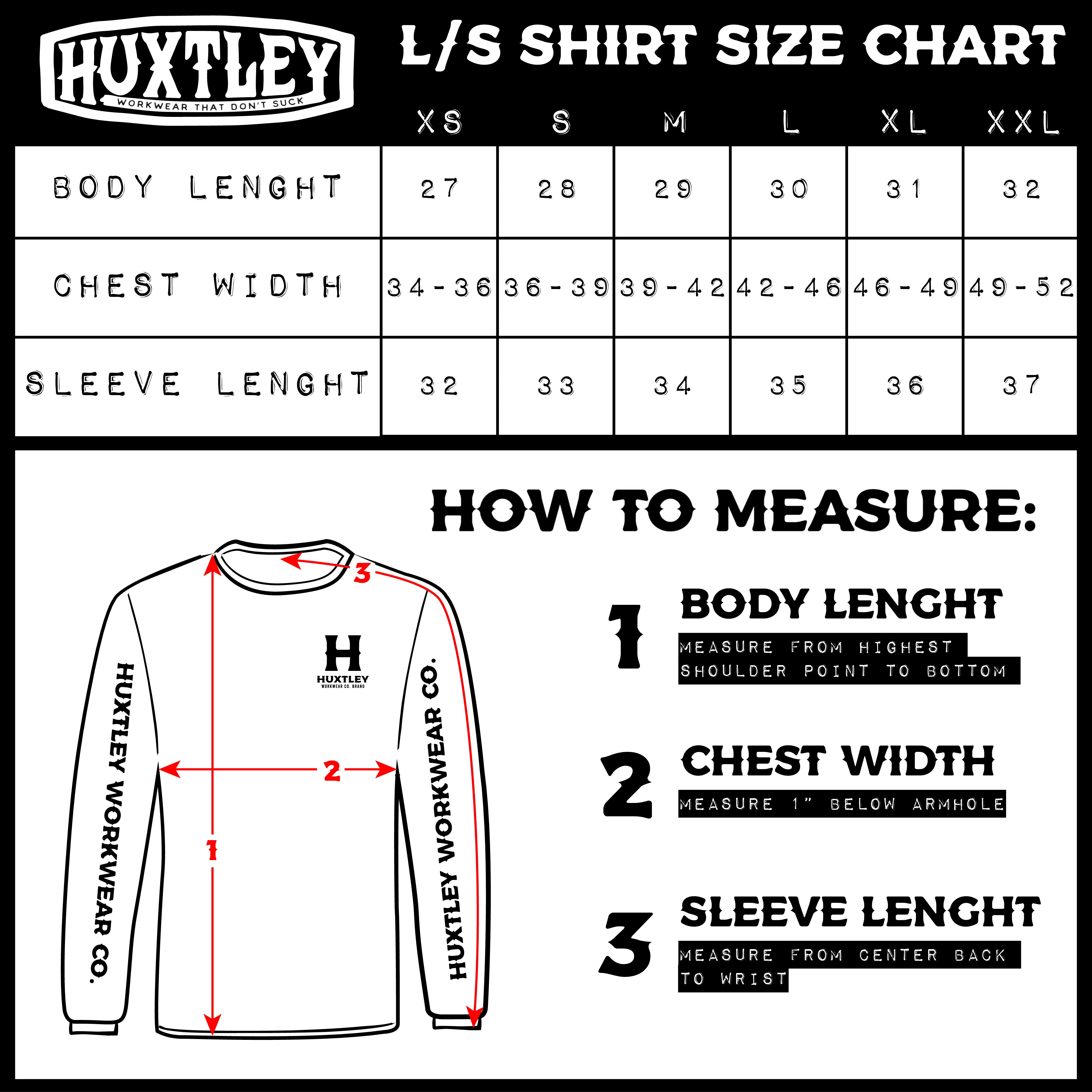 huxtley long sleeve t shirts size guide sizing how to measure