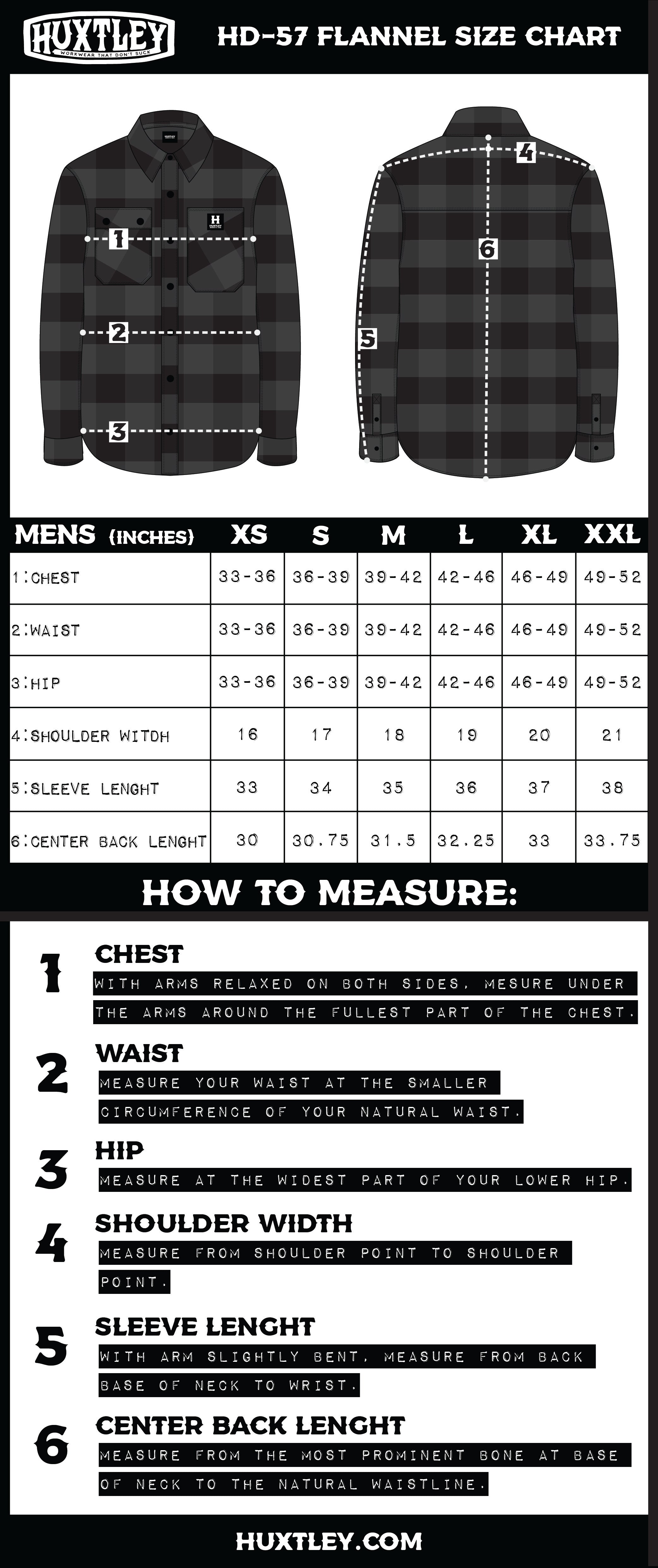 HUXTLEY HD-57 FLANNELS SIZING GUIDE SIZE CHART