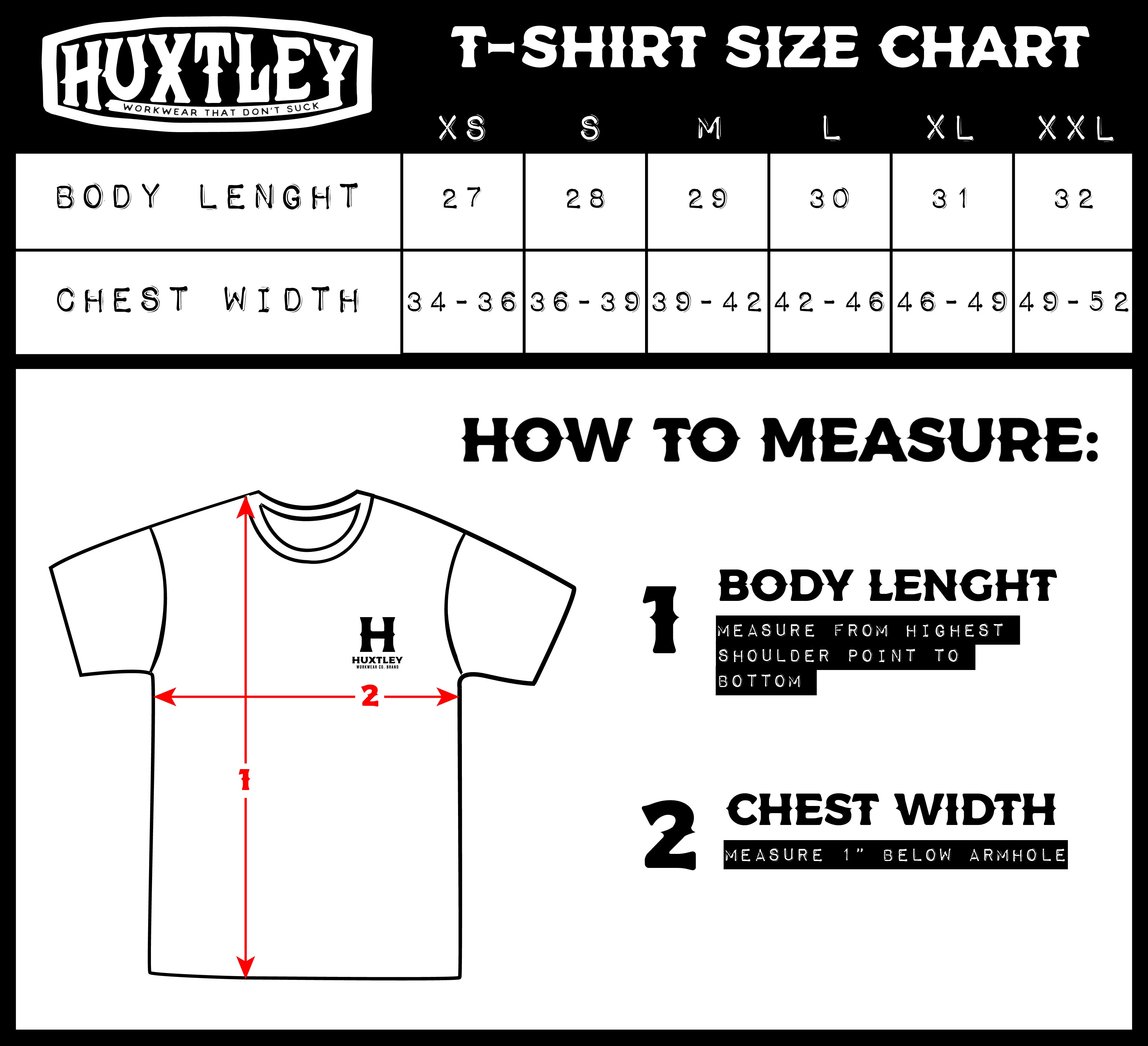 huxtley workwear t-shirt size guide tees sizing chart