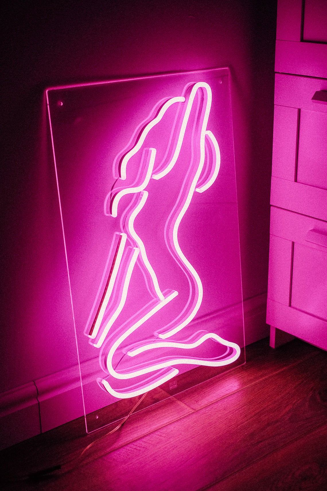 Sexy girl woman pink neon sign for bar, night club, party, erotic stri