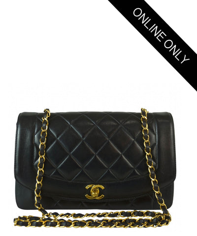 Vintage Chanel Black Caviar Quilted Leather Diana Bag Gold Chain