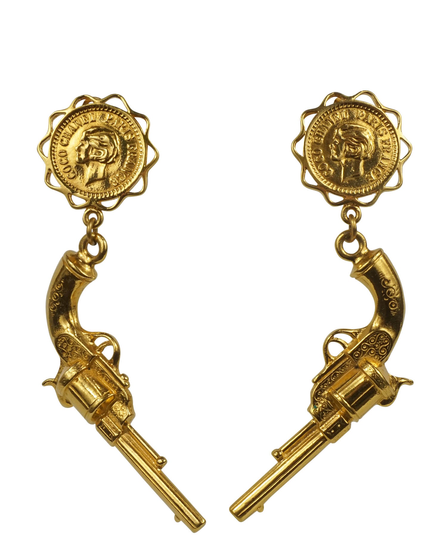 Vintage Gianni Versace gold tone medusa face motif dangle earrings