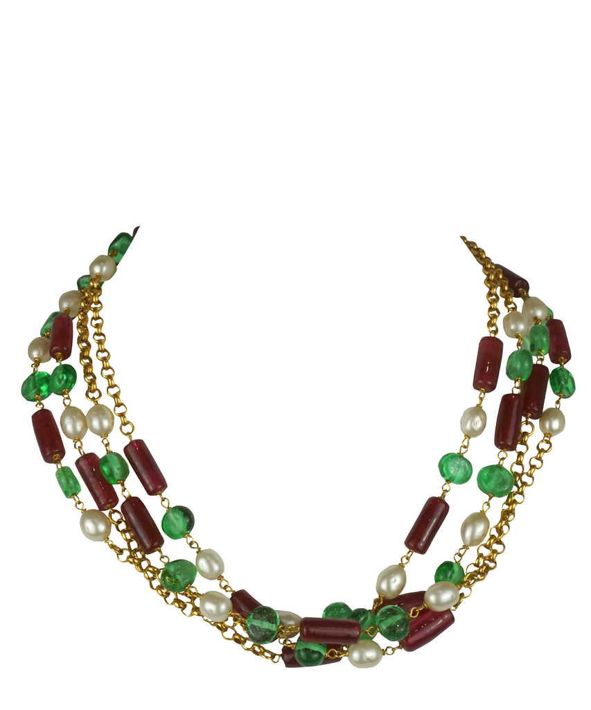 Chanel 1984 Green and Red Gripoix with Pearl Sautoir Necklace