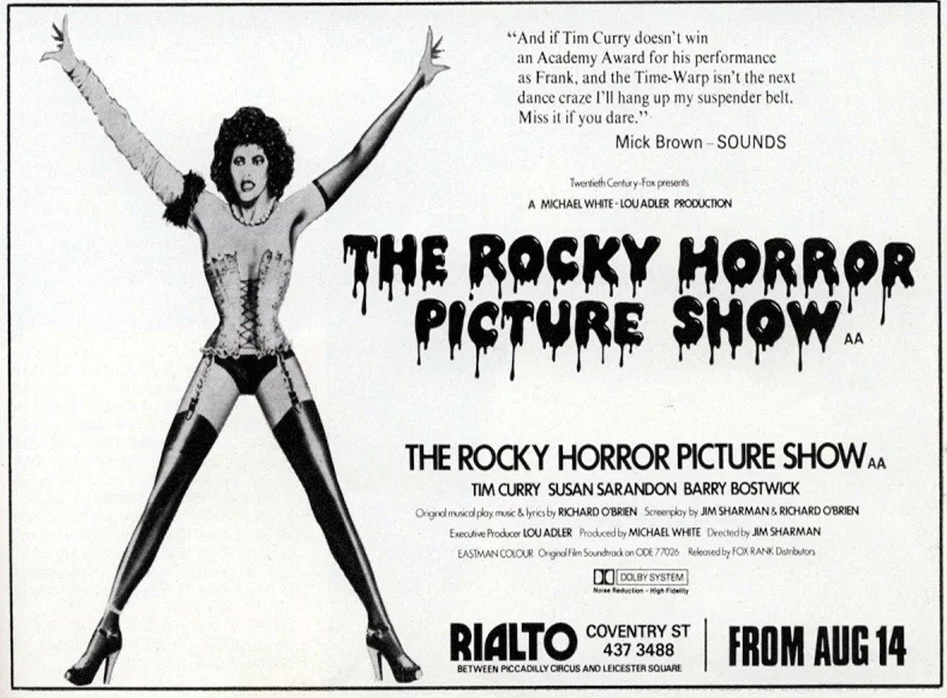 The original movie poster of The Rocky Horror Picture show when it first premiered at the Rialto Cinema in London