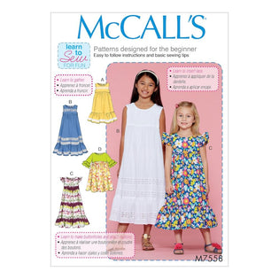 M7458, Toddlers' Gathered Tops, Dresses and Leggings