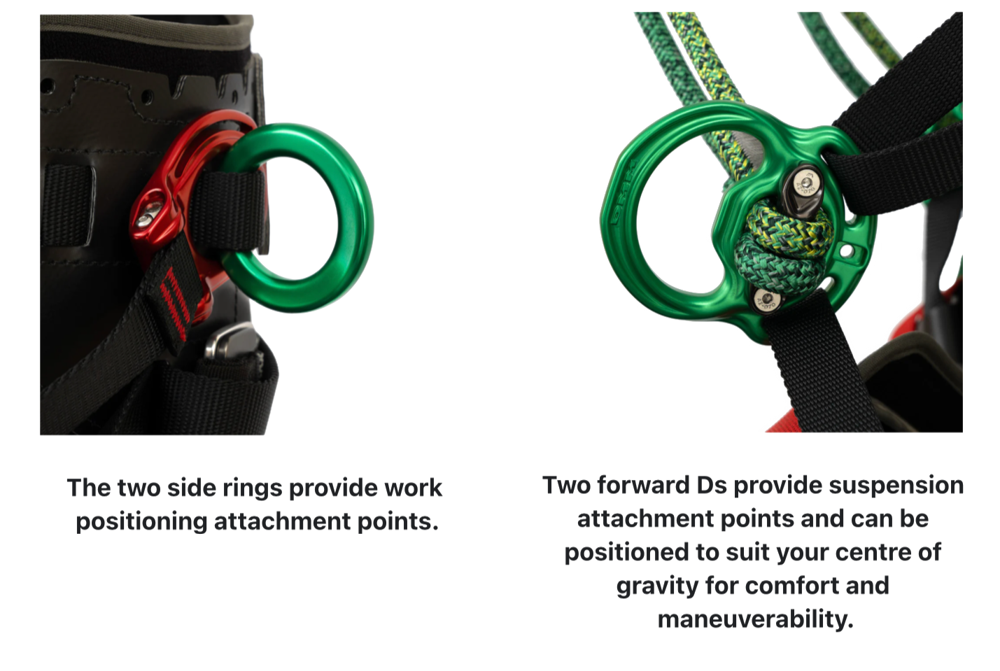 Side ring on the dmm Kinisi sit harness.Side D on the dmm Kinisi max harness showing a sewn bridge configuration using the dmm rope bones