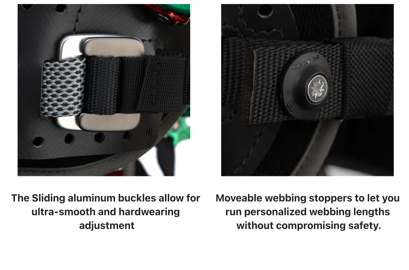 Sliding aluminum buckles on the dmm Kinisi max harness. Moveable webbing stoppers to allow the use of personalized webbing lengths.