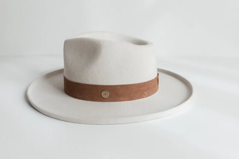 Ivory pencil brim hat with a brown band