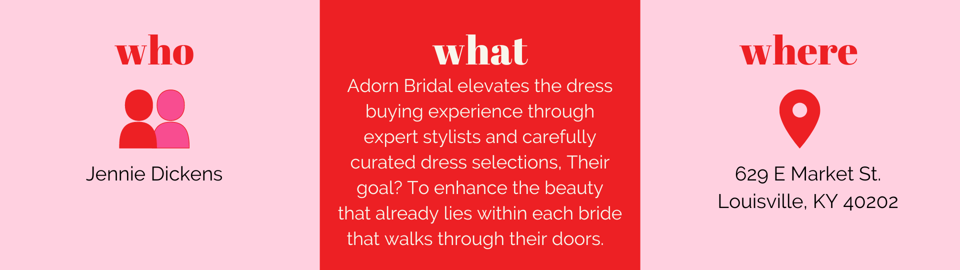 Text graphic that showcases info about Adorn Bridal Studio, including the owner's name: Jennie Dickens, a short bio of the shop, and the address/location in Nulu.