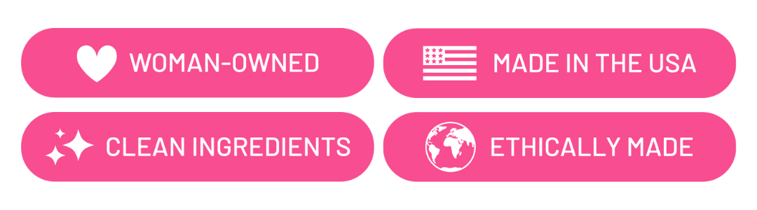 Text graphic that showcases the brand values of Boob-eez, including woman-owned, made in the USA, clean ingredients, and ethically made.