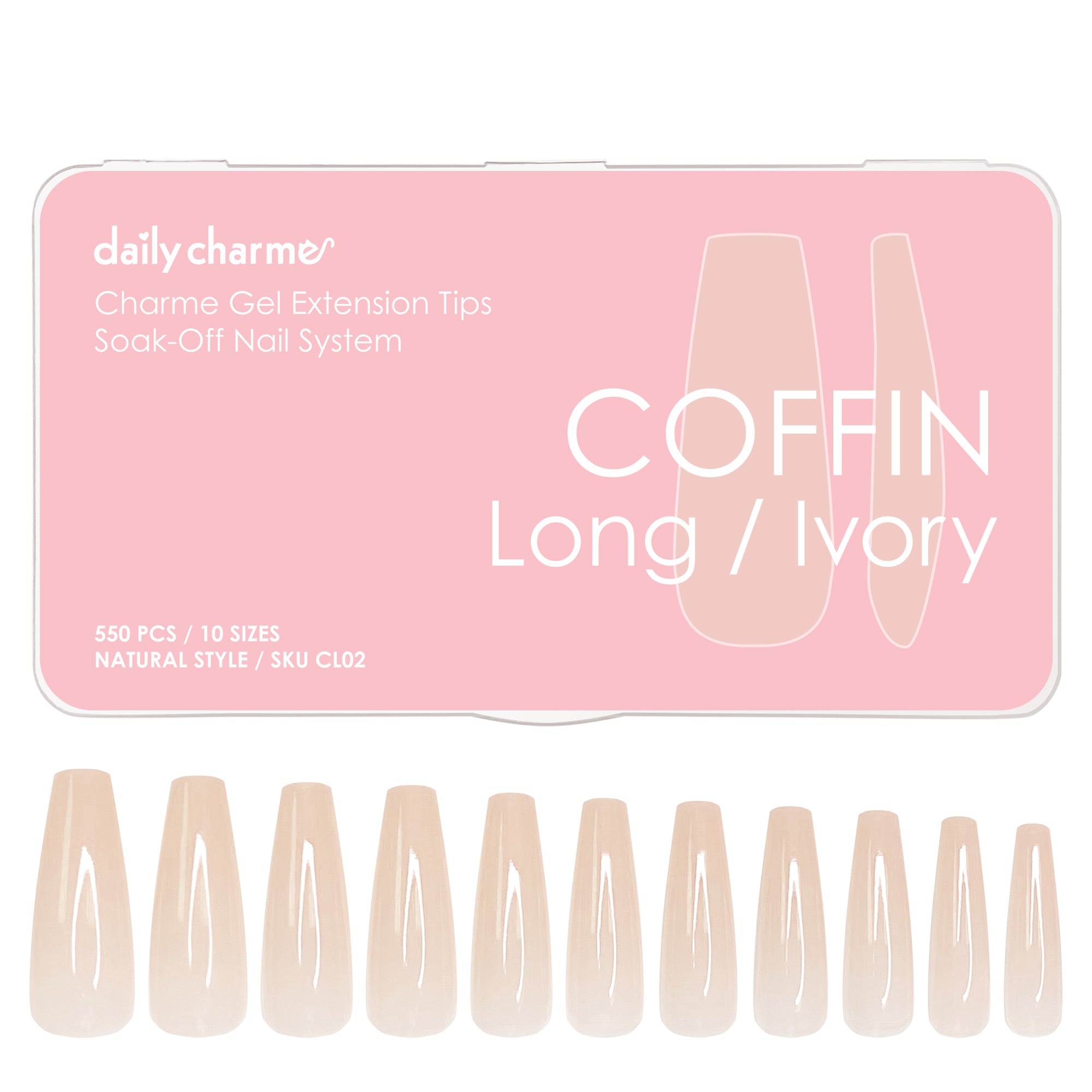  Charme Gel Extension Tips / Coffin / Long / Ivory 