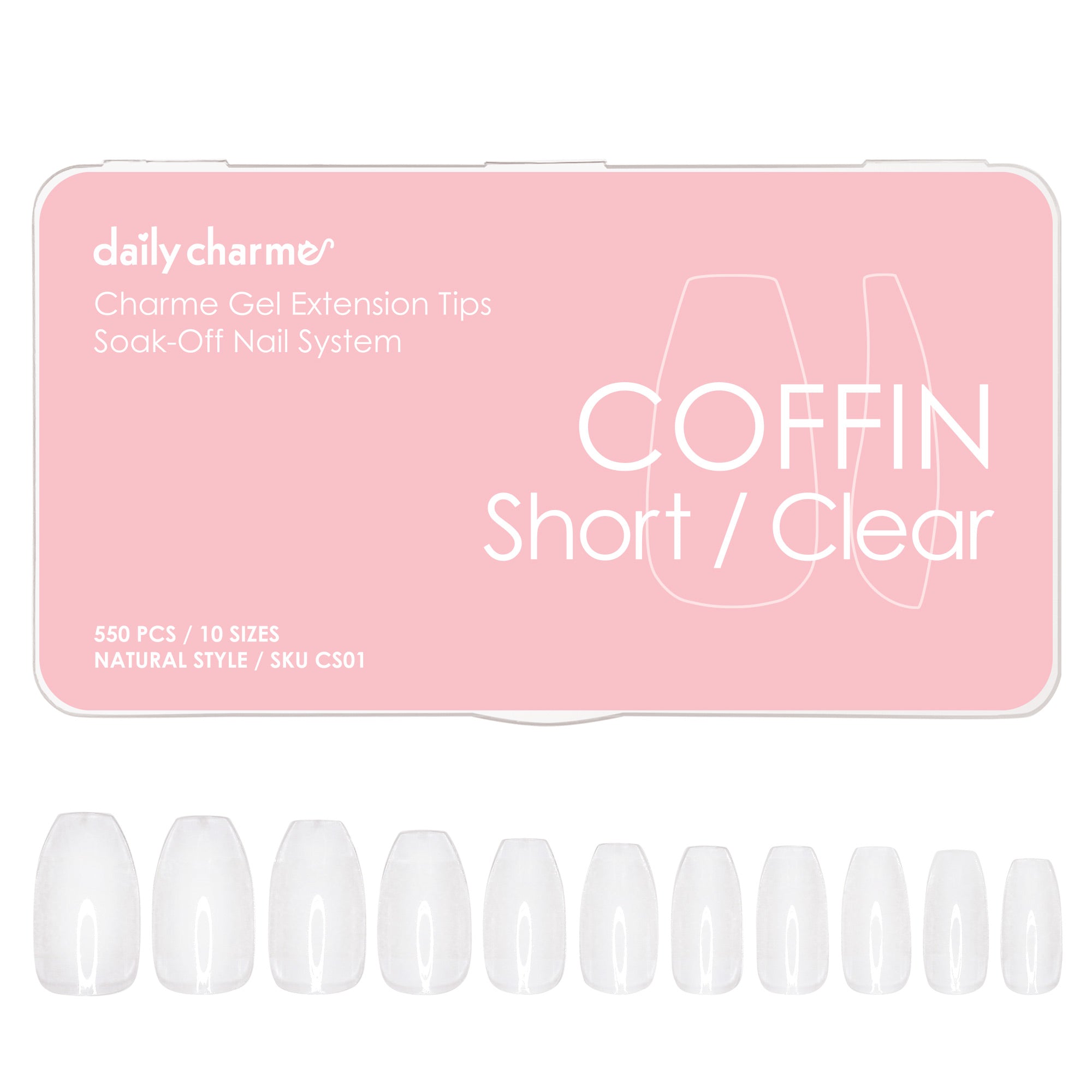  Charme Gel Extension Tips / Coffin / Short / Clear 