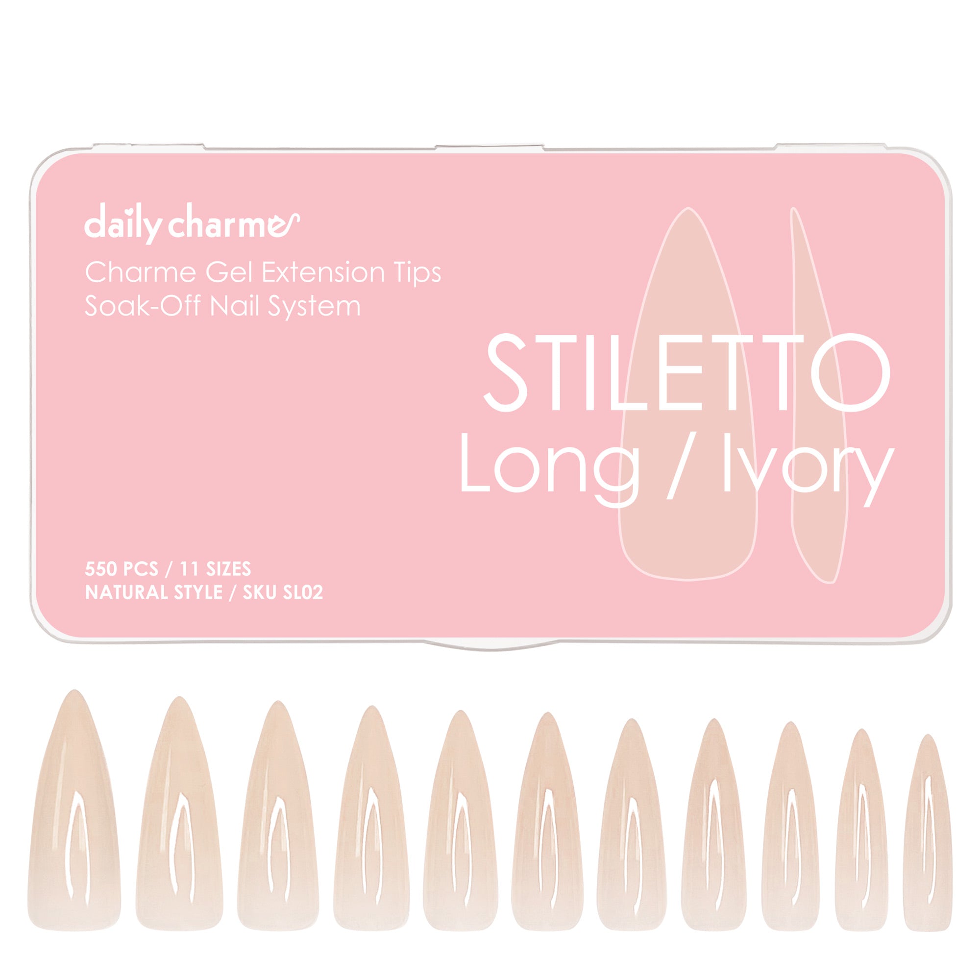  Charme Gel Extension Tips / Stiletto / Long / Ivory 