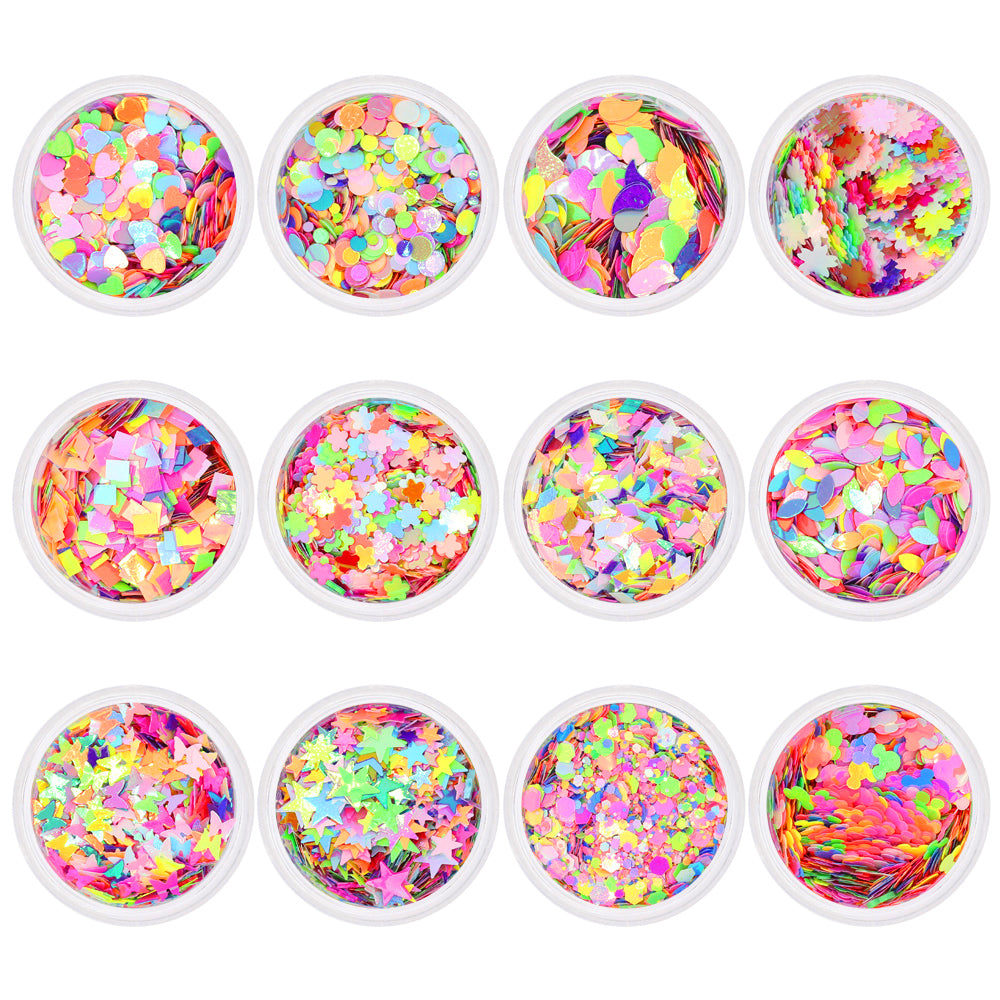  Iridescent Neon Mixed Shape Glitter Set / 12 Jars 