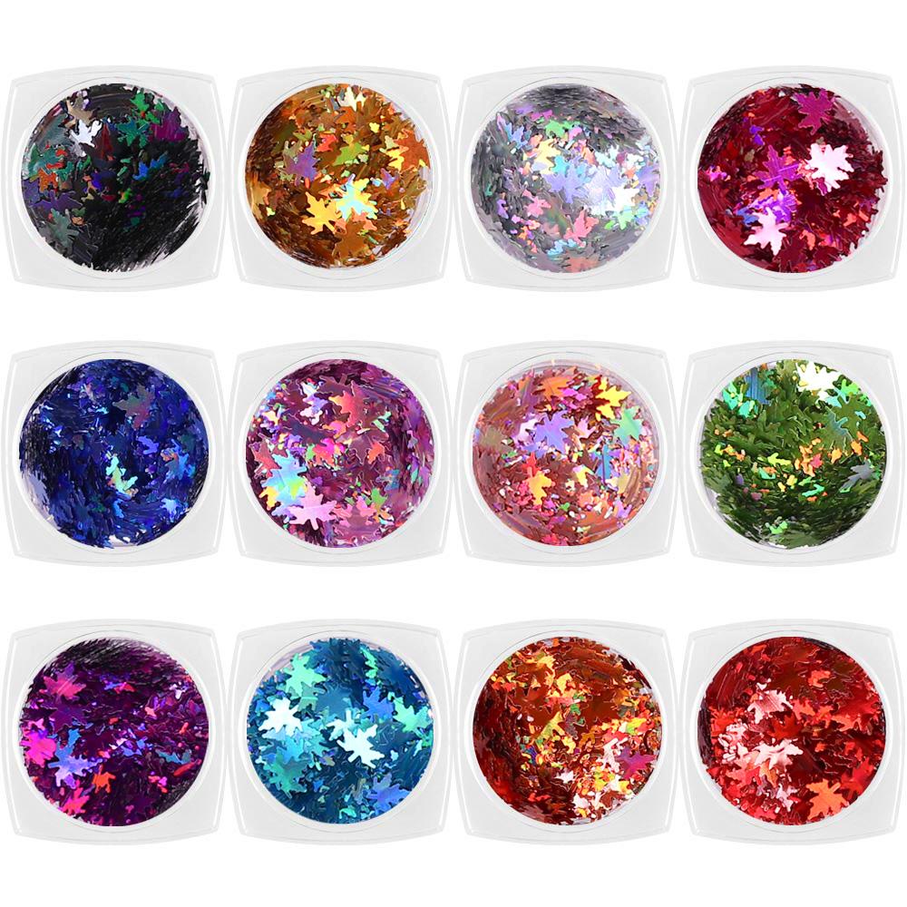  Colorful Holographic Maple Leaf Glitter Set / 12 Jars 