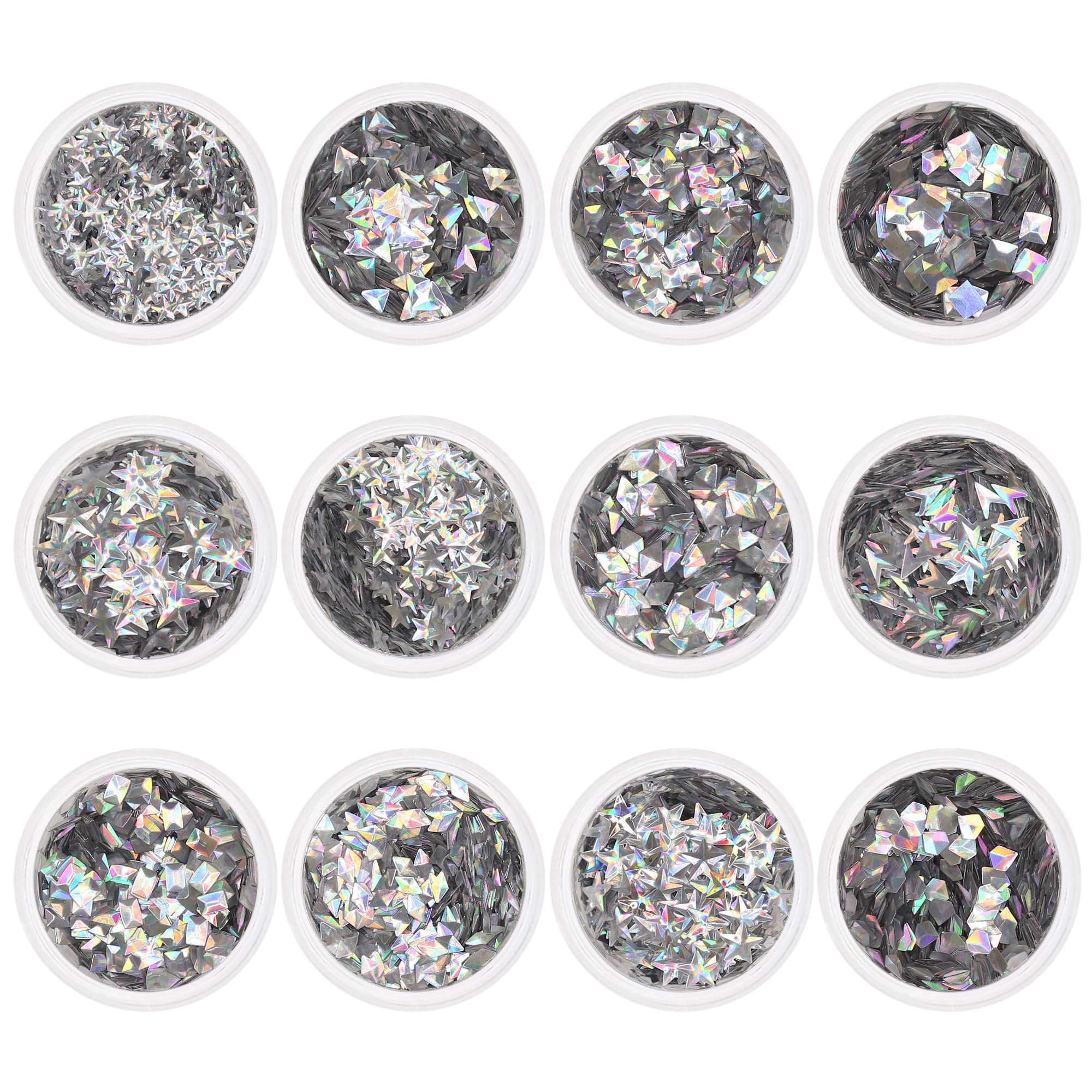  Holographic Silver 3D Mixed Shape Glitter Set / 12 Jars 