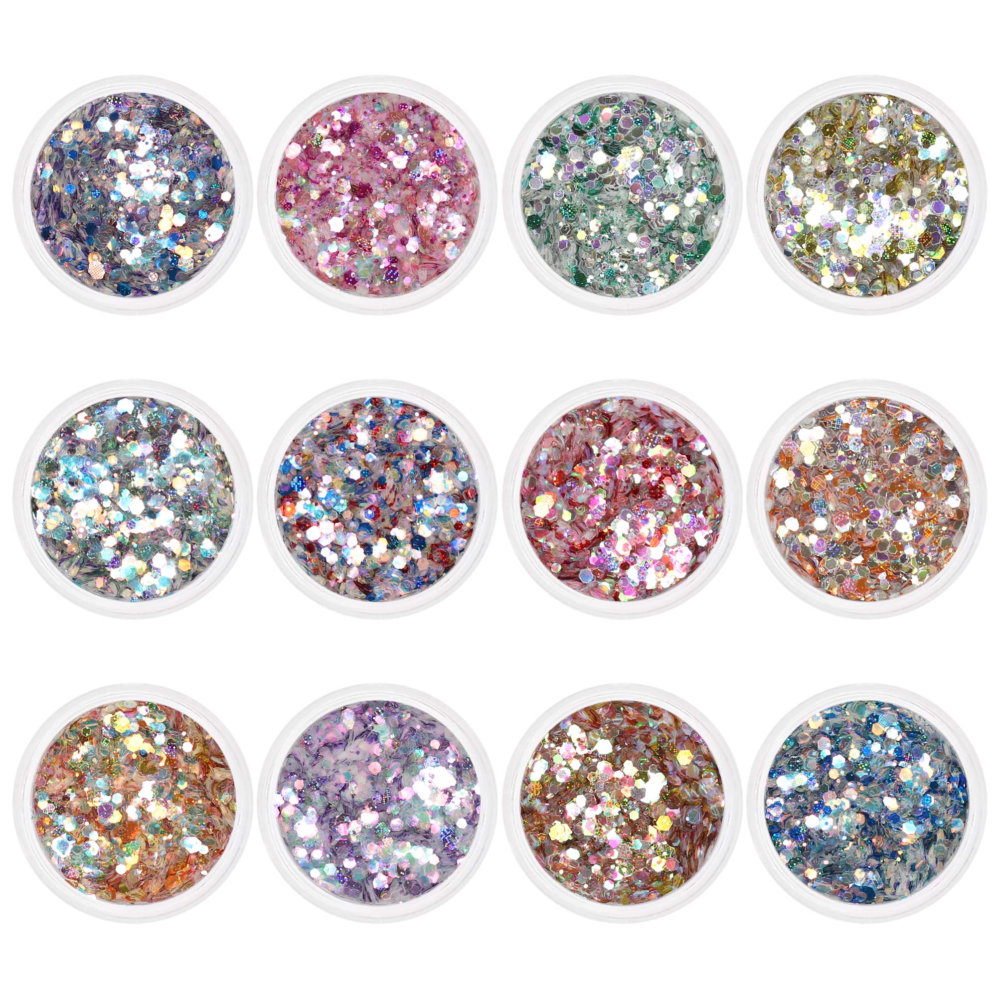  Iridescent Holographic Pixel Hex Glitter Mix Set / 12 Jars 