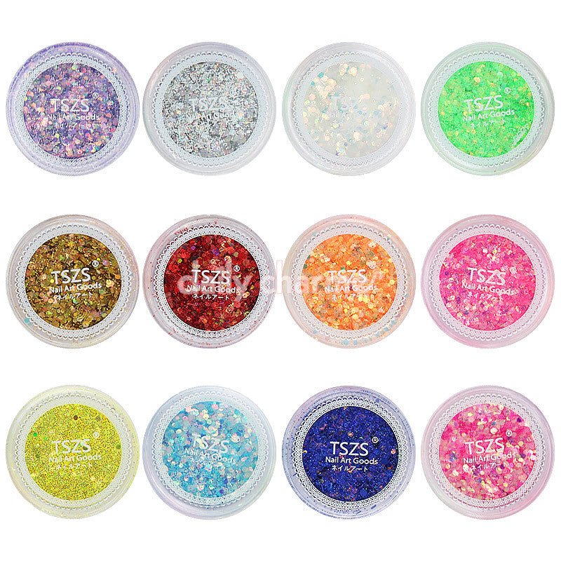  Colorful Mixed Hex Glitter Powder Set / 12 Jars 