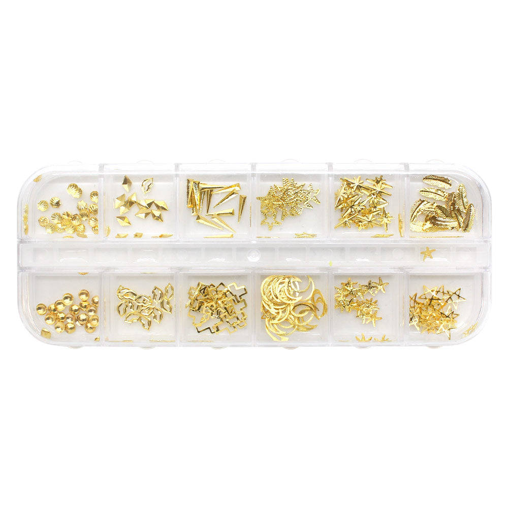  Gold Metal Stud Decors Mix Box Set / 12 Shapes 