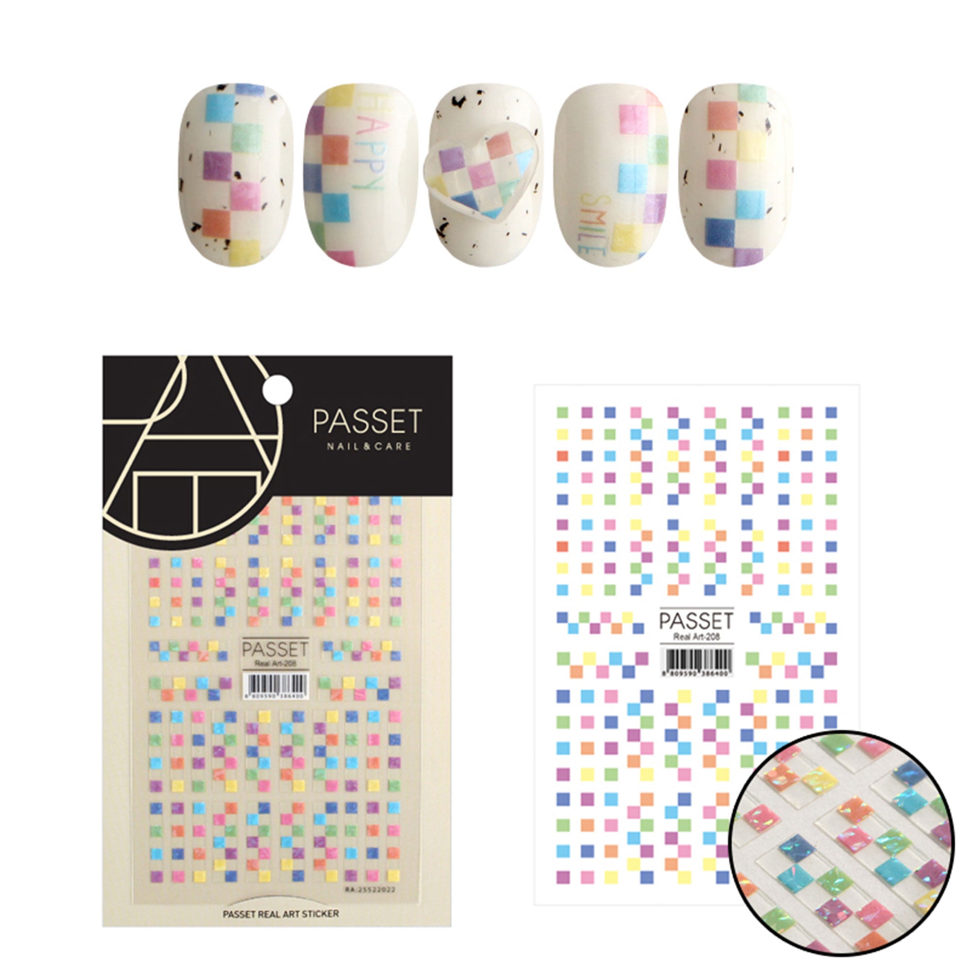  Passet Nail Art Sticker / Checkerboard / Iridescent Pastel 