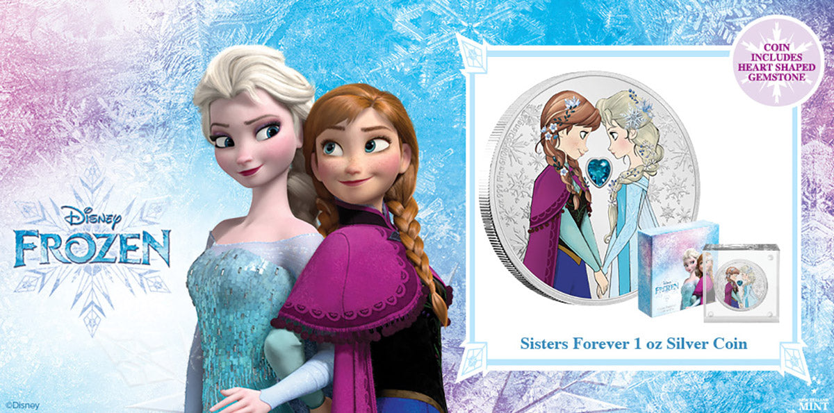 Made from 1oz of pure silver, this beautiful Disney Frozen coin portrays a coloured image of sisters Anna and Elsa holding hands, surrounded by snowflakes. An icy blue gemstone, conjuring up images of their frozen kingdom, completes the design. 