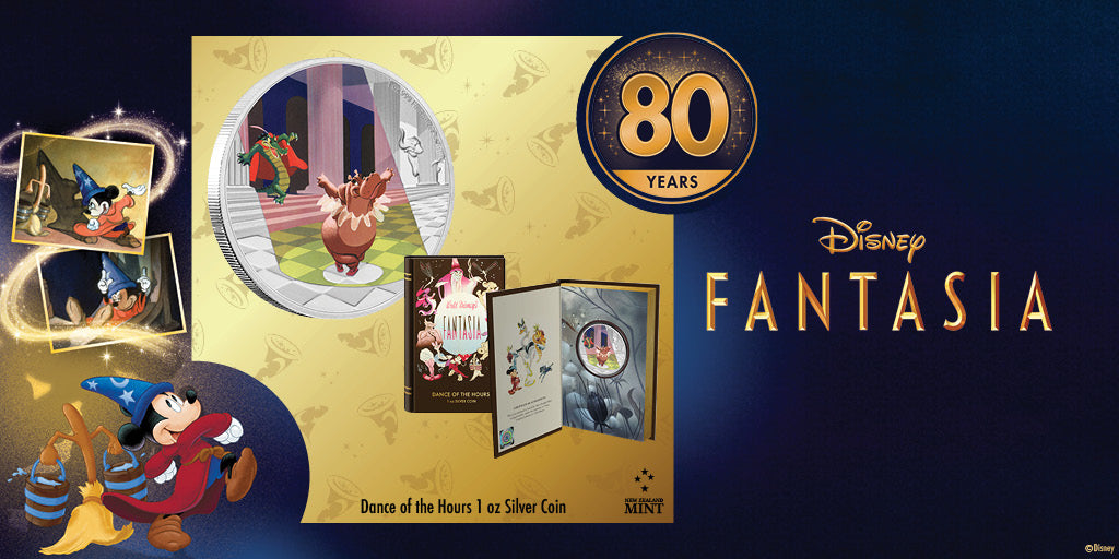Today sees the launch of our second coin to celebrate the 80th Anniversary of Disney’s animated feature film from 1940, Fantasia. he 1oz pure silver coin shows an image from a well-known, delightful segment entitled “Dance of the Hours”.