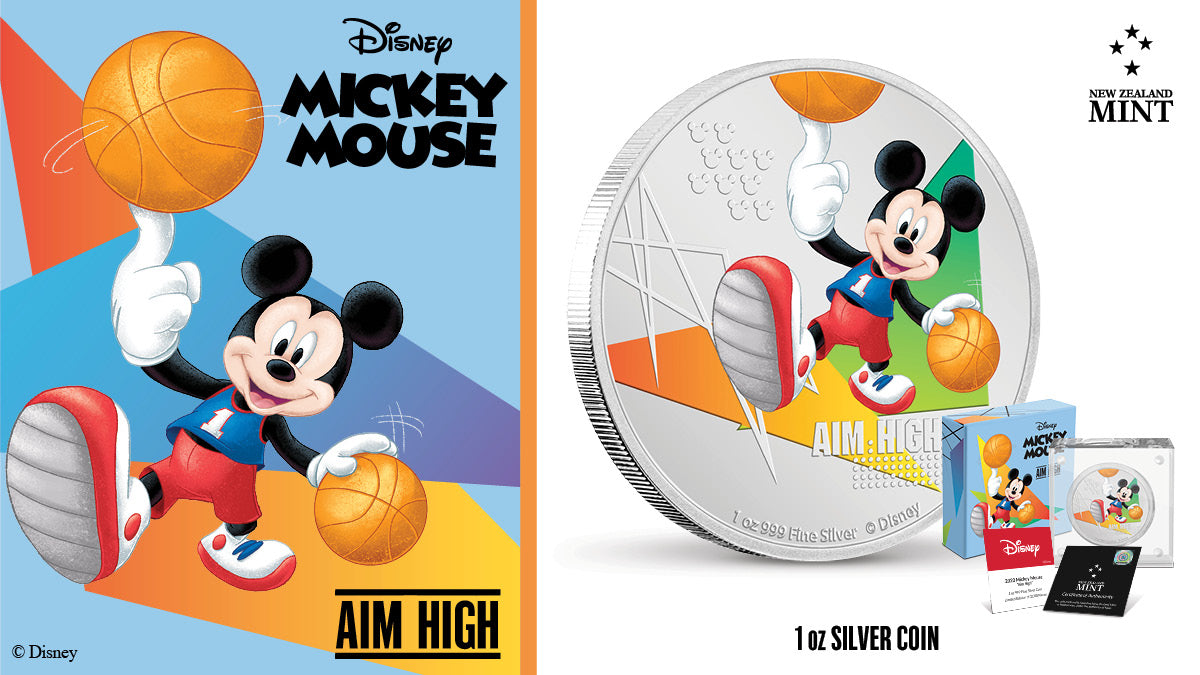This fourth and final coin in our Disney Mickey Mouse Sports Coin Collection features Mickey showing off his ball skills. The complete collection features running, swimming, cycling and basketball – something for everyone. It’s a slam dunk! Naturally this is also an officially licensed 1oz pure silver coin.