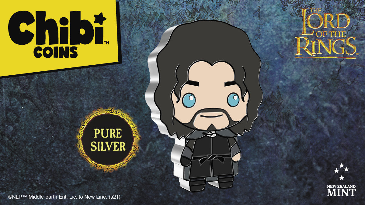 Made from 1oz of pure silver, this officially licensed coin has been shaped and coloured to mimic Aragorn in the Chibi art style. Aragorn’s piercing eyes and shaggy hair are the significant features used in this coin design.