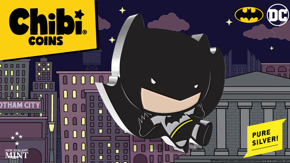 We are pleased to reveal a new 1oz pure silver 2021 BATMAN Chibi® Coin. It shows The Dark Knight™ mid-flight! The custom-made outer box includes a large window so you can easily display your collectible, plus the coin comes encased for safety!