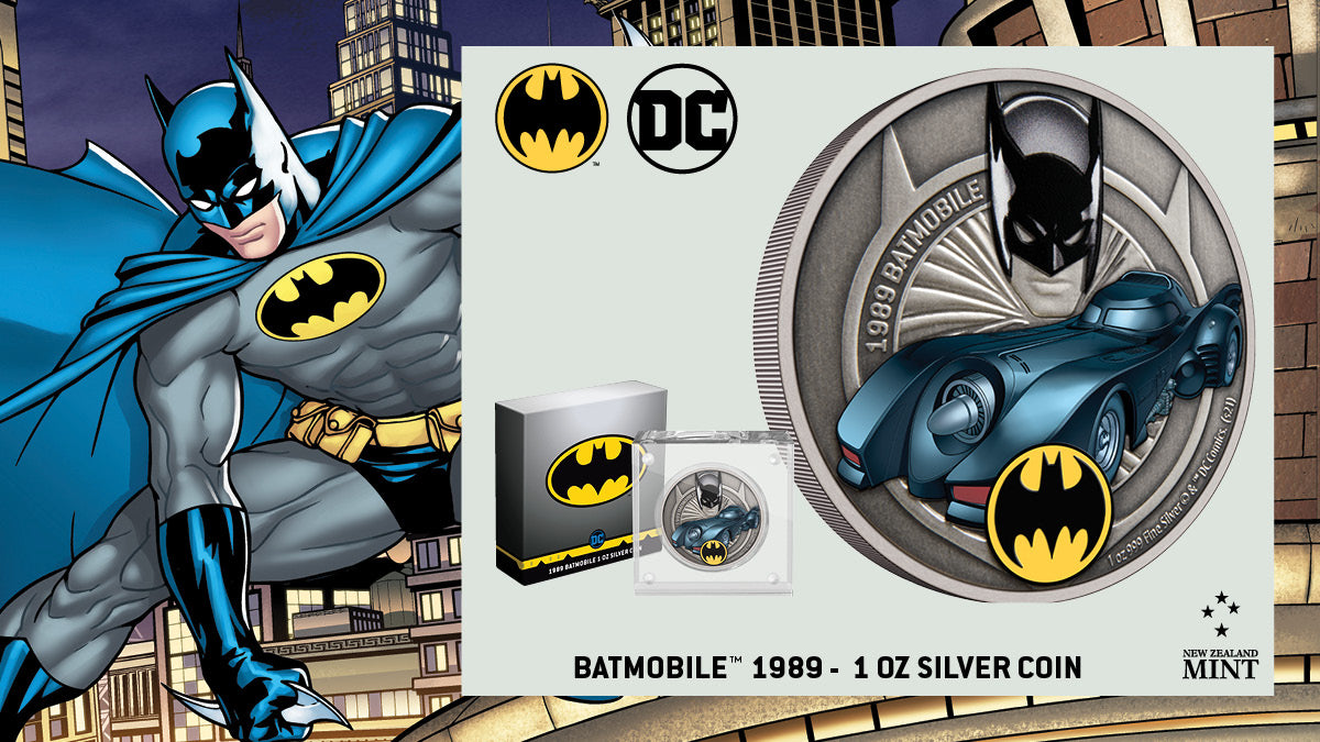 This striking coin features the Batmobile from the 1989 movie Batman™. It is shown in vibrant colour along with the BATMAN™ logo. An engraved and coloured image of BATMAN and the words ‘1989 Batmobile’ are featured on an antiqued background.