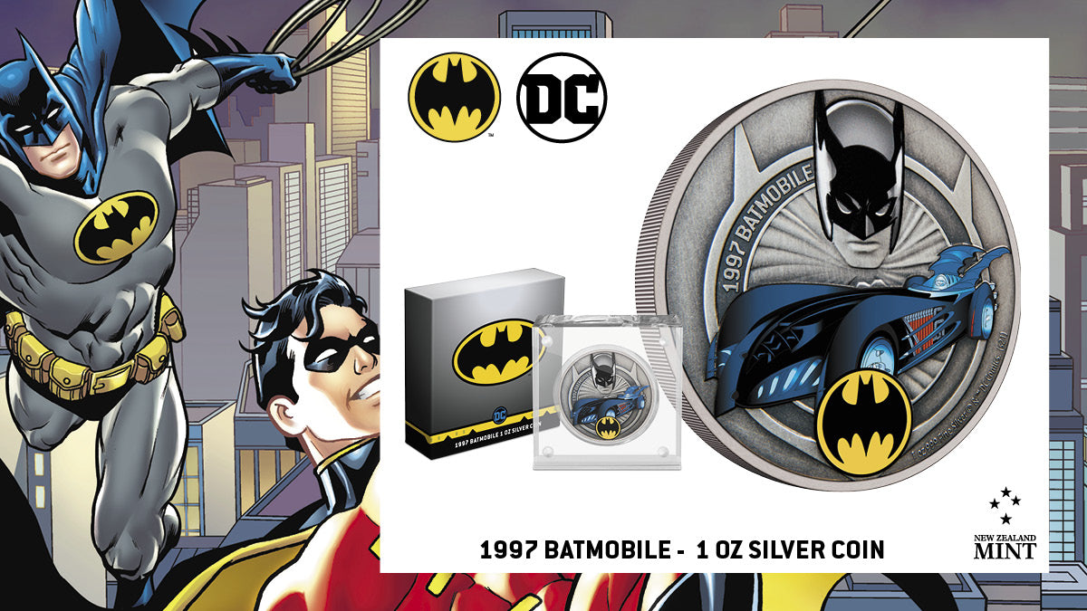 This specially designed collectible coin features the Batmobile from the 1997 movie Batman & Robin™. It appears in vibrant colour along with the BATMAN™ logo. Also features an engraved and coloured image of BATMAN and the words ‘1997 Batmobile’. collectible coin features the Batmobile from the 1997 movie Batman & Robin™. It appears in vibrant colour along with the BATMAN™ logo. Also features an engraved and coloured image of BATMAN and the words ‘1997 Batmobile’.