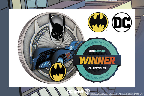 **MINTAGE SOLD OUT** We are thrilled to announce that our 1997 Batmobile 1oz Silver Coin has been chosen as a Best Geeky Gift: Collectibles for The Pop Insider's 2021 Holiday Gift Guide! The Batmobile, from the 1997 movie Batman & Robin™, has been faithfully replicated on this antique finish silver coin along with addi