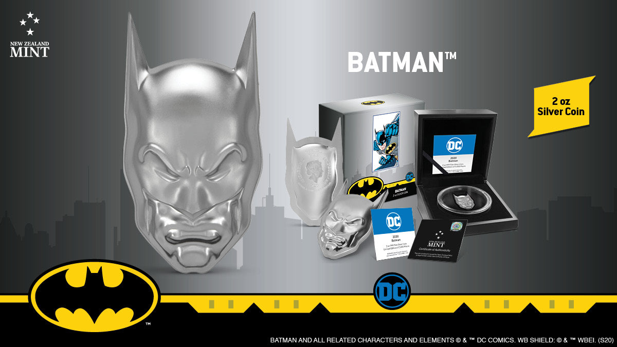 We're excited to unmask a brand-new BATMAN™ coin. A unique silver collectible it weighs in at a hefty 2oz! This incredible coin replicates the DARK KNIGHT’s cowl in perfect detail. The use of 2oz of pure silver allows the coin greater design depth.