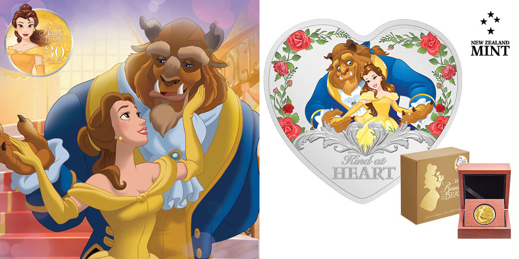Beauty and the Beast 30th Anniversary 1oz Silver & 1/4oz Gold Coins Celebrating this Iconic Pairing.  This ¼oz engraved gold coin shows Belle in front of the Beast, smiling as he gently holds her hands. Low mintage of only 250 to be produced. Learn more. 