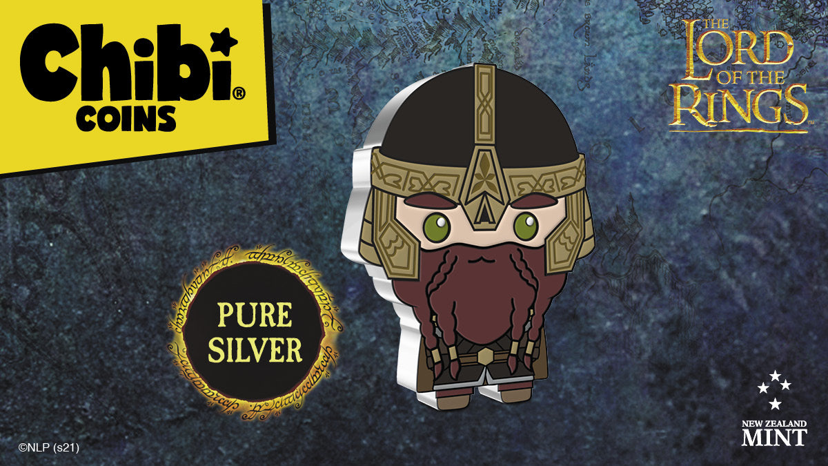 This 1oz pure silver collectible THE LORD OF THE RINGS™ coin has been shaped and coloured to mimic Gimli. His Dwarven helmet, bushy eyebrows and long auburn beard are his most significant features on this Chibi® Coin design. 