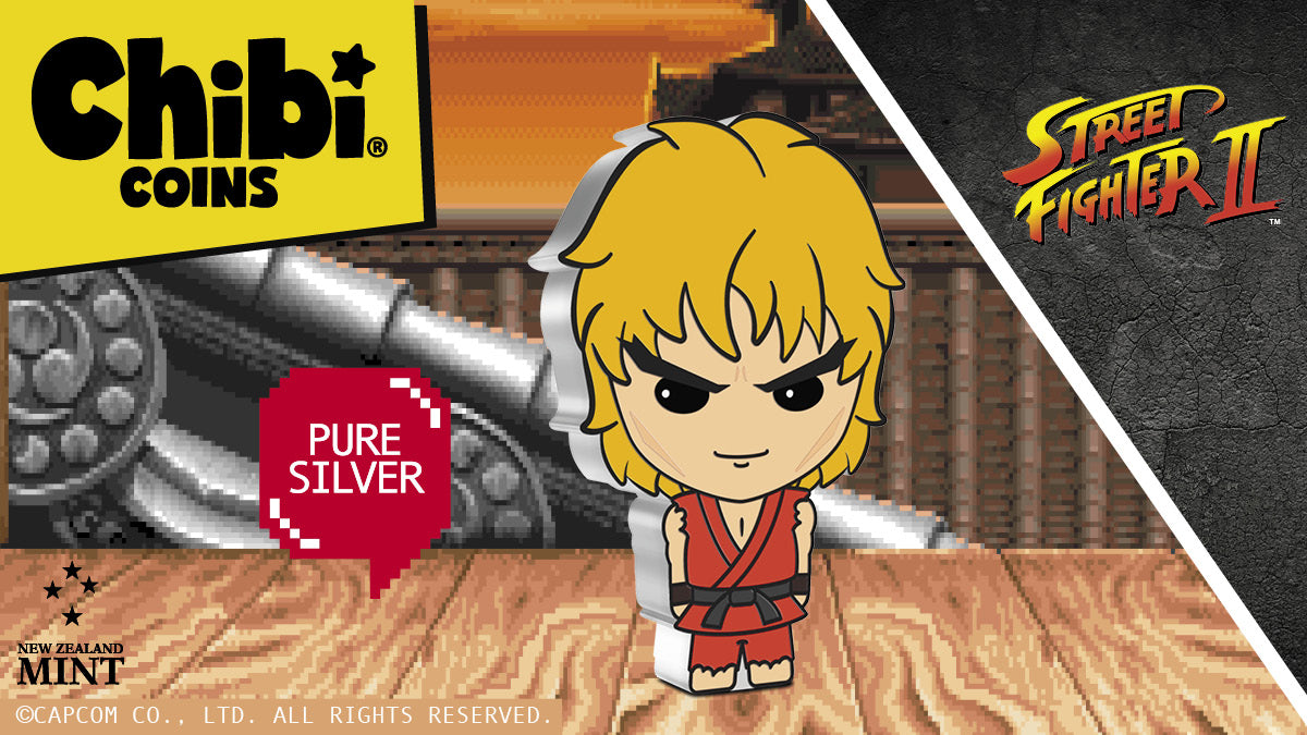 Our Street Fighter™ Chibi® Coin Series continues with Ken Masters. This 1oz silver coin has been shaped and coloured to resemble Ken, right down to his long and spiky black eyebrows, his dyed blonde hair, and red karate gi!