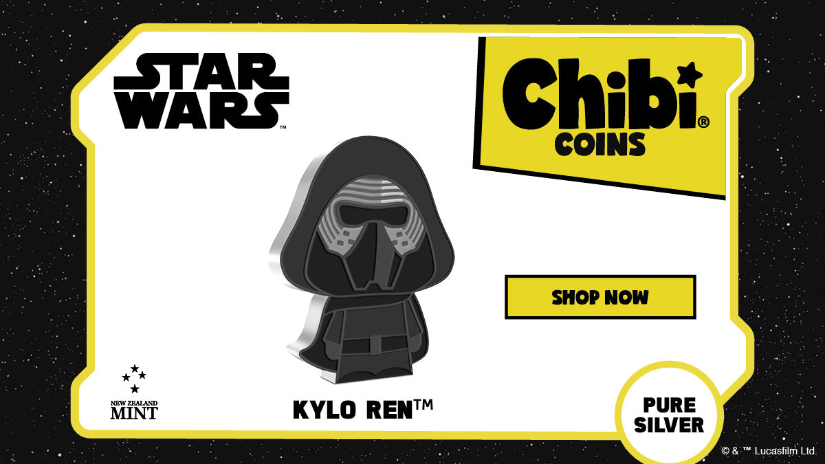 Our Star Wars™ Chibi® Coin Series continues with an intimidating character from the sequels…none other than villain turned hero, Kylo Ren™. Made from 1oz of pure silver, the coin has been shaped and coloured to feature Kylo in his menacing helmet.